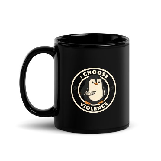 A cute cartoon penguin holding a knife stands in the center of a circular emblem. Surrounding the penguin are the words 'I CHOOSE VIOLENCE' with two small skull icons on both sides. The design is playful yet ironic, blending adorableness with a hint of dark humor.