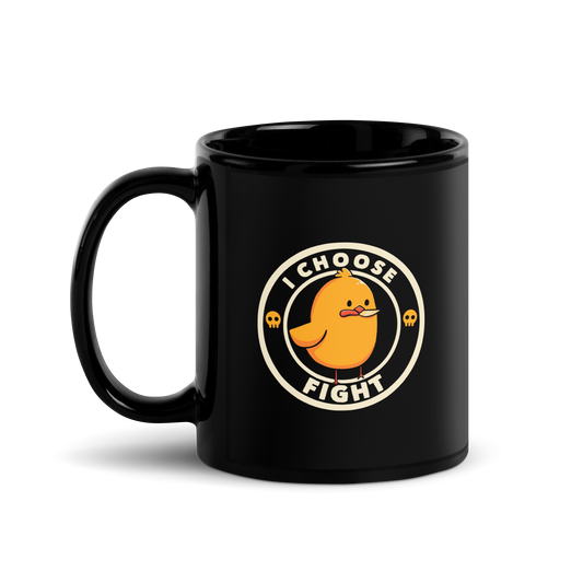 A cute, cartoonish yellow chick stands confidently with a determined look, holding a small knife in its beak. The text 'I CHOOSE FIGHT' encircles the chick, and two small skulls flank the image, adding a humorous, rebellious touch.