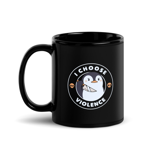 A cartoon-style penguin with a slightly menacing expression holds a large knife. It is surrounded by the words 'I CHOOSE VIOLENCE' in bold uppercase letters. There are two small orange skulls flanking the penguin. The overall design is circular and features contrasting colors for a dramatic effect.