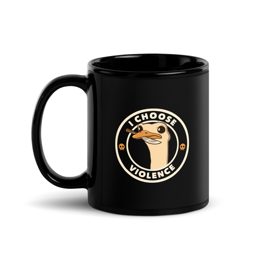 Product A cartoonish emu with large, expressive eyes holds a knife in its beak, suggesting a humorous and ironic menacing look. The image is framed by two circles, with the text 'I CHOOSE VIOLENCE' around the inner circle. Two small skull icons are placed on either side below the text.