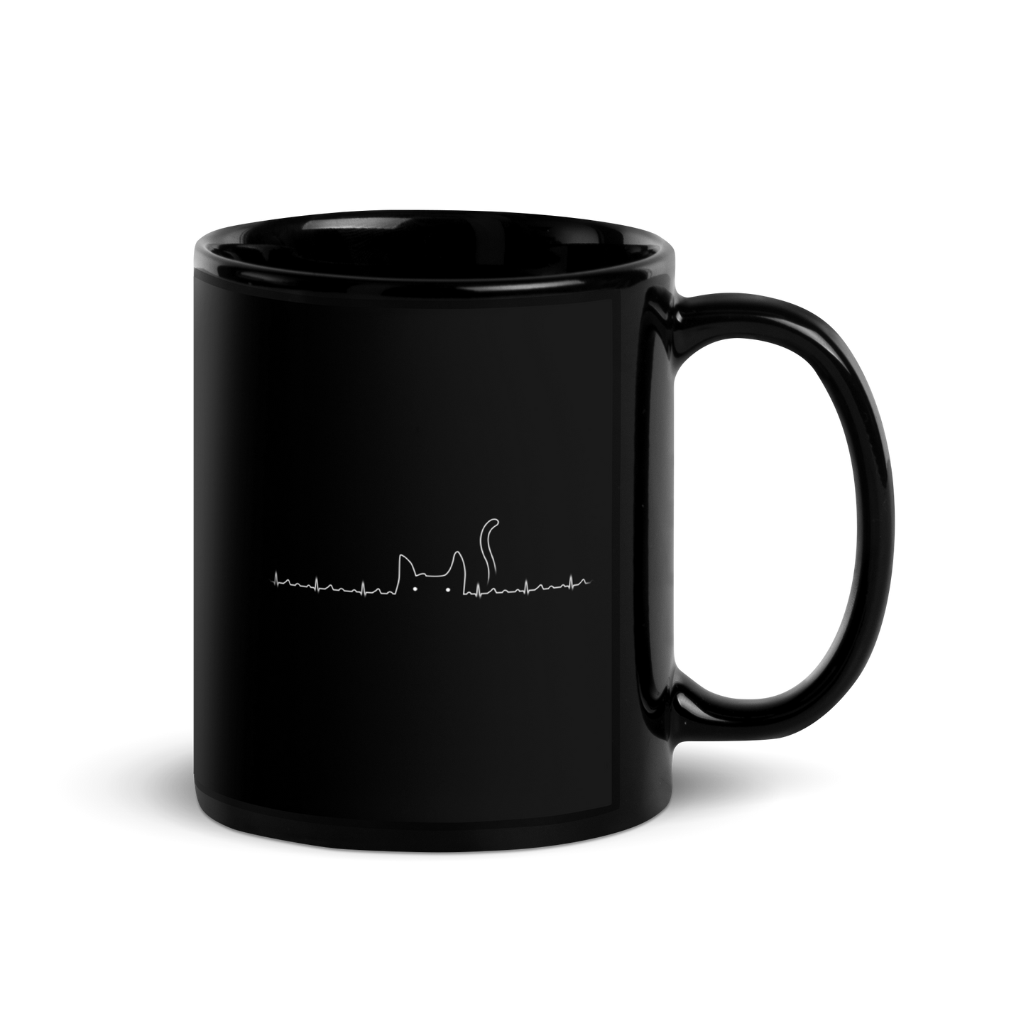 The drawing has a black background with a continuous white line depicting an electrocardiogram. Midway through, the line morphs into the minimalist outline of a cat's head with pointed ears and a tail, with two small white dots representing its eyes. The drawing creatively combines the elements of a heartbeat line and a simple cat illustration.