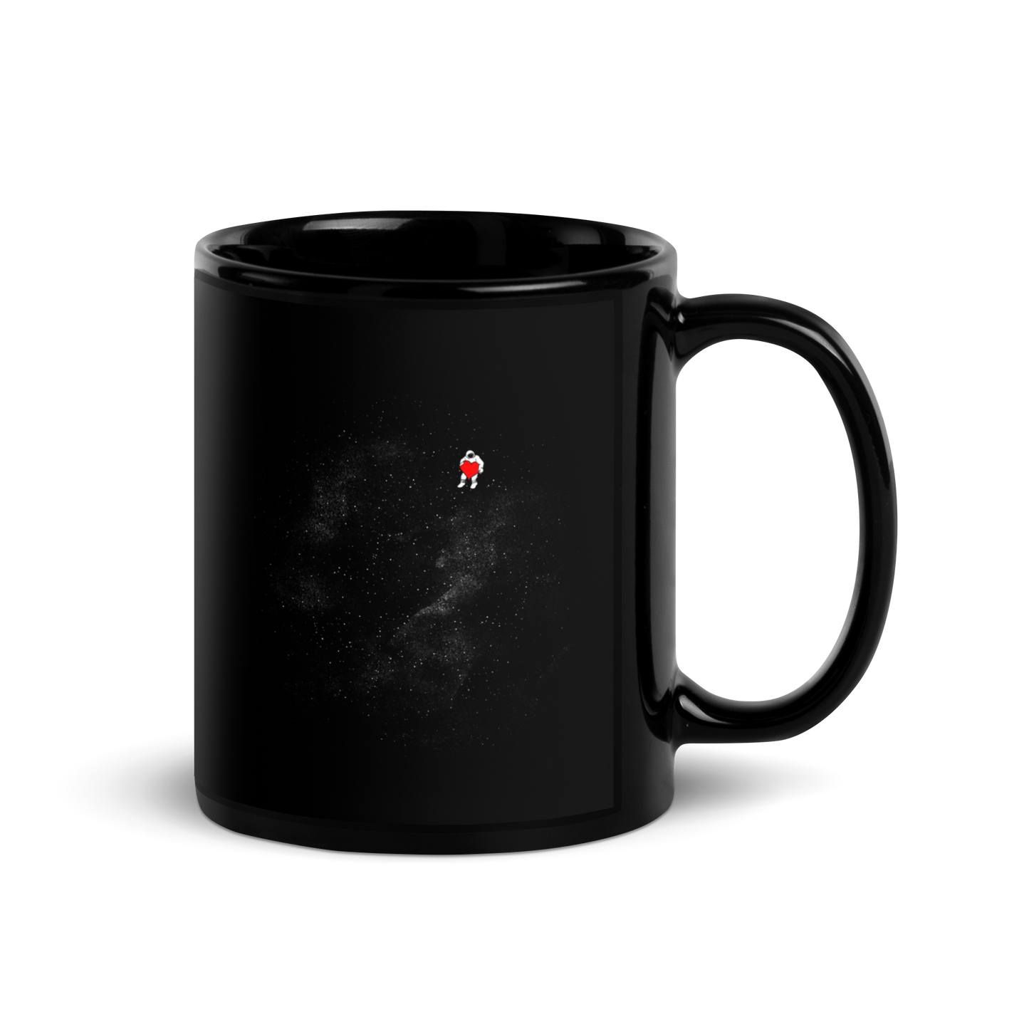 The image depicts a lone astronaut floating in outer space, seemingly sitting on nothing while holding a large, bright red heart. The background is a starry expanse of black, suggesting the vastness and cold emptiness of space. The stark contrast between the dark space and the vibrant heart symbolizes love and loneliness in the cosmos.