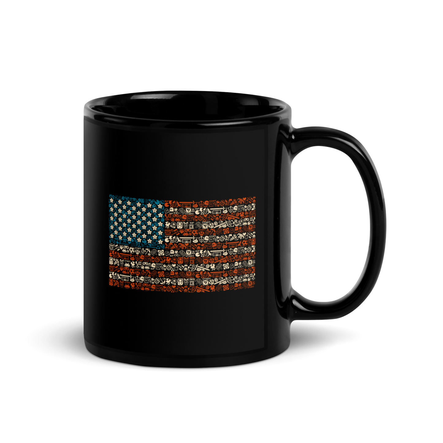 American flag illustration made entirely of retro video game icons, controllers, characters, and symbols in blue, red, and beige, arranged to form the stars and stripes.