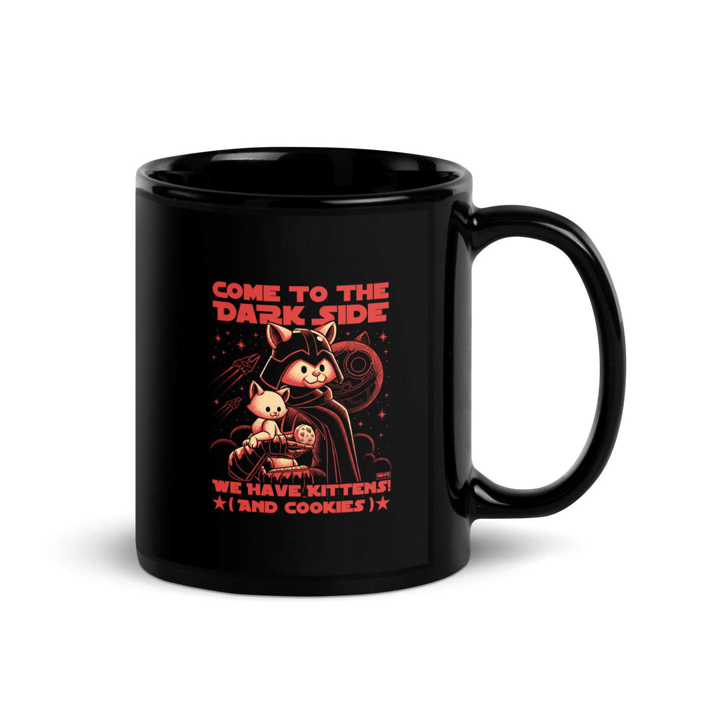 This fun and nerdy design, encircled by the phrase 'COME TO THE DARK SIDE, WE HAVE KITTENS AND COOKIES', features a feline twist on sci-fi villains, perfect for cat lovers, space fans, and cookie enthusiasts.