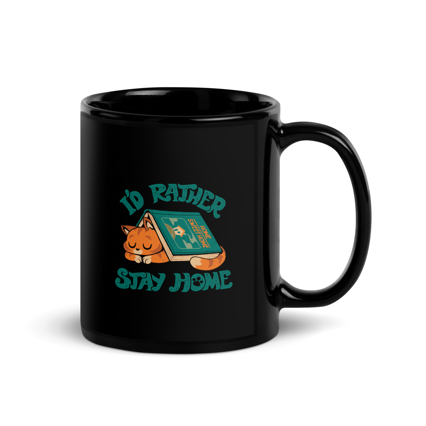 Sleeping orange cat under a book labeled 'Home Sweet Home' with the motto 'I'D RATHER STAY HOME'.