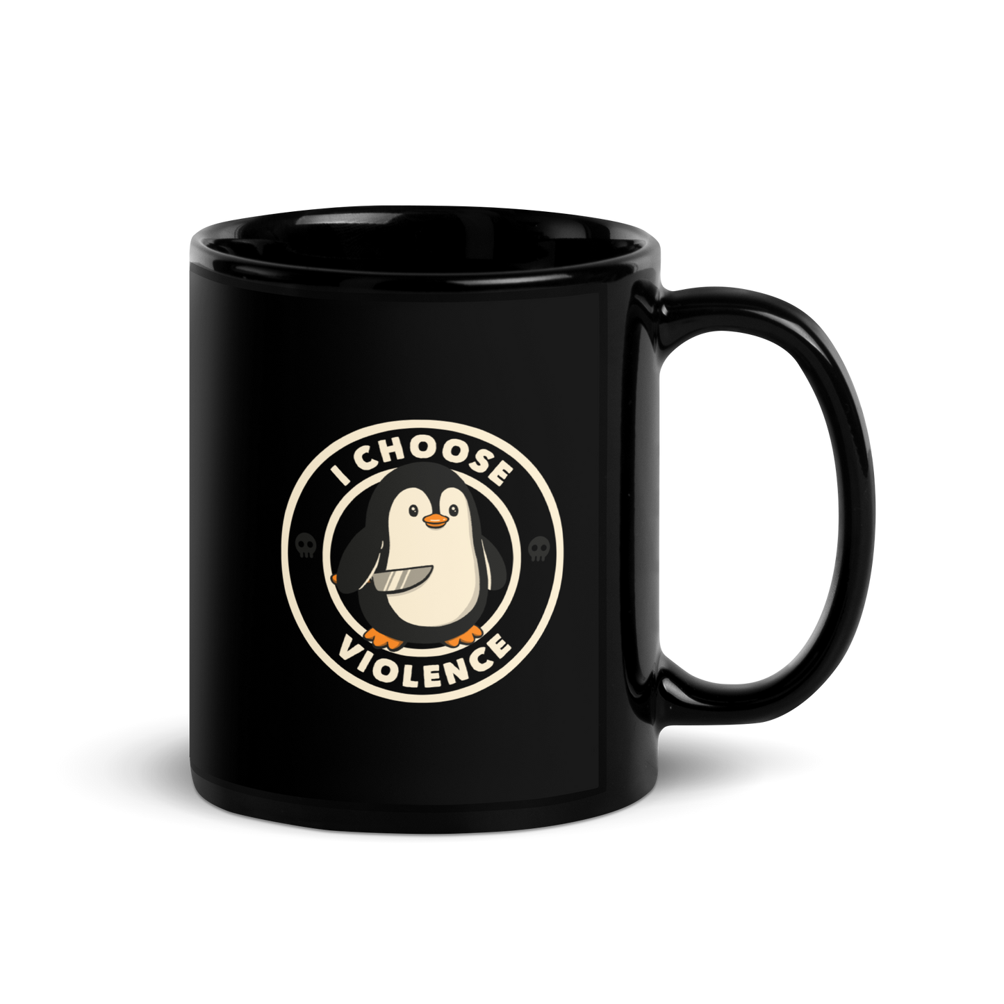 A cute cartoon penguin holding a knife stands in the center of a circular emblem. Surrounding the penguin are the words 'I CHOOSE VIOLENCE' with two small skull icons on both sides. The design is playful yet ironic, blending adorableness with a hint of dark humor.