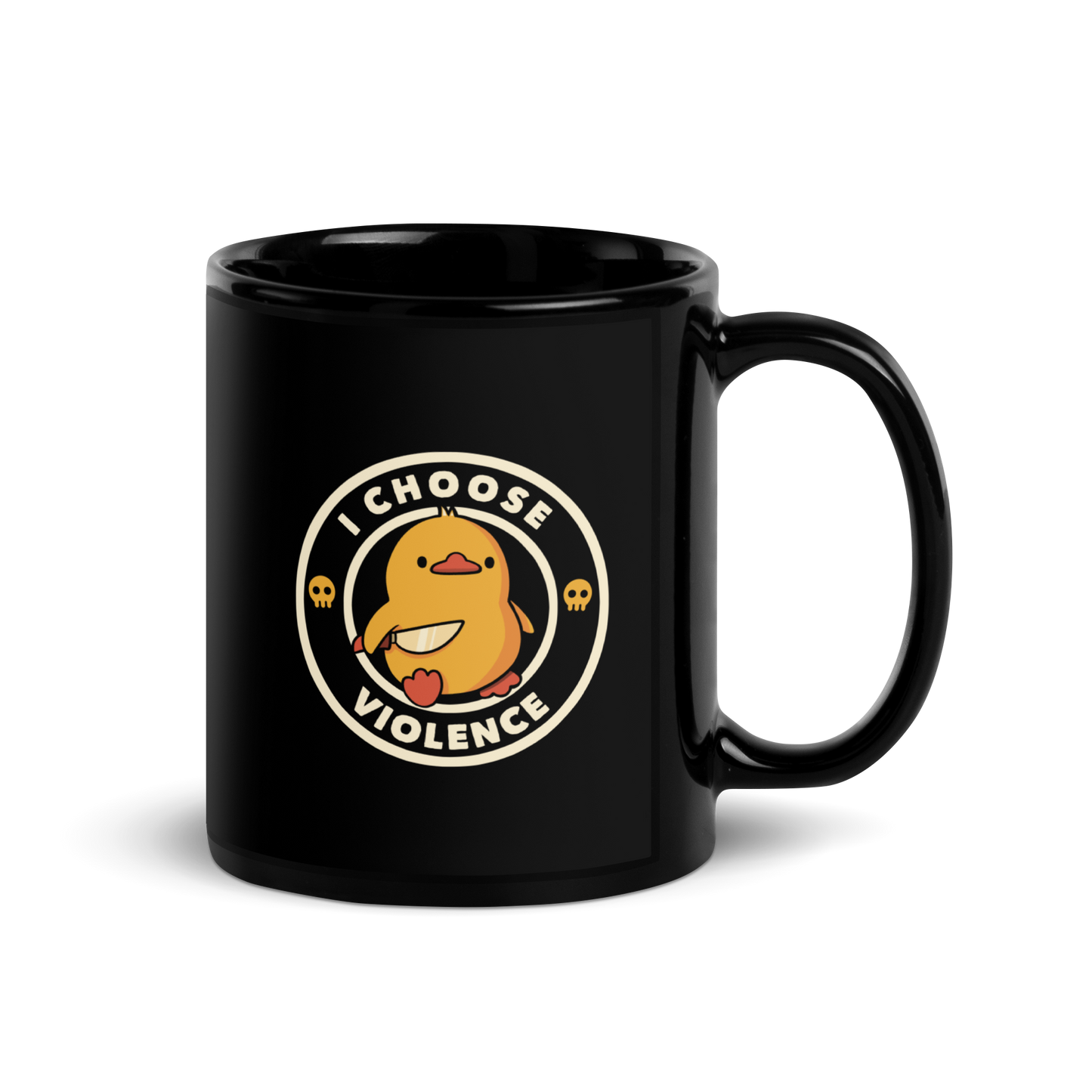 A cute, cartoon-style yellow duckling stands confidently holding a large knife in its wing. The duckling is encircled by text saying 'I CHOOSE VIOLENCE' in bold white letters. Small skull symbols flank the chick on either side, adding a touch of humor and irony to the otherwise adorable drawing.