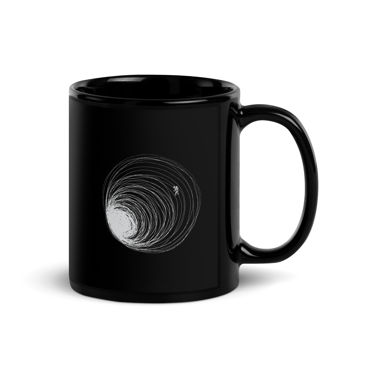 A big black hole with an astronaut floating around as if being sucked into it. A minimalist art perfect for those who love space.