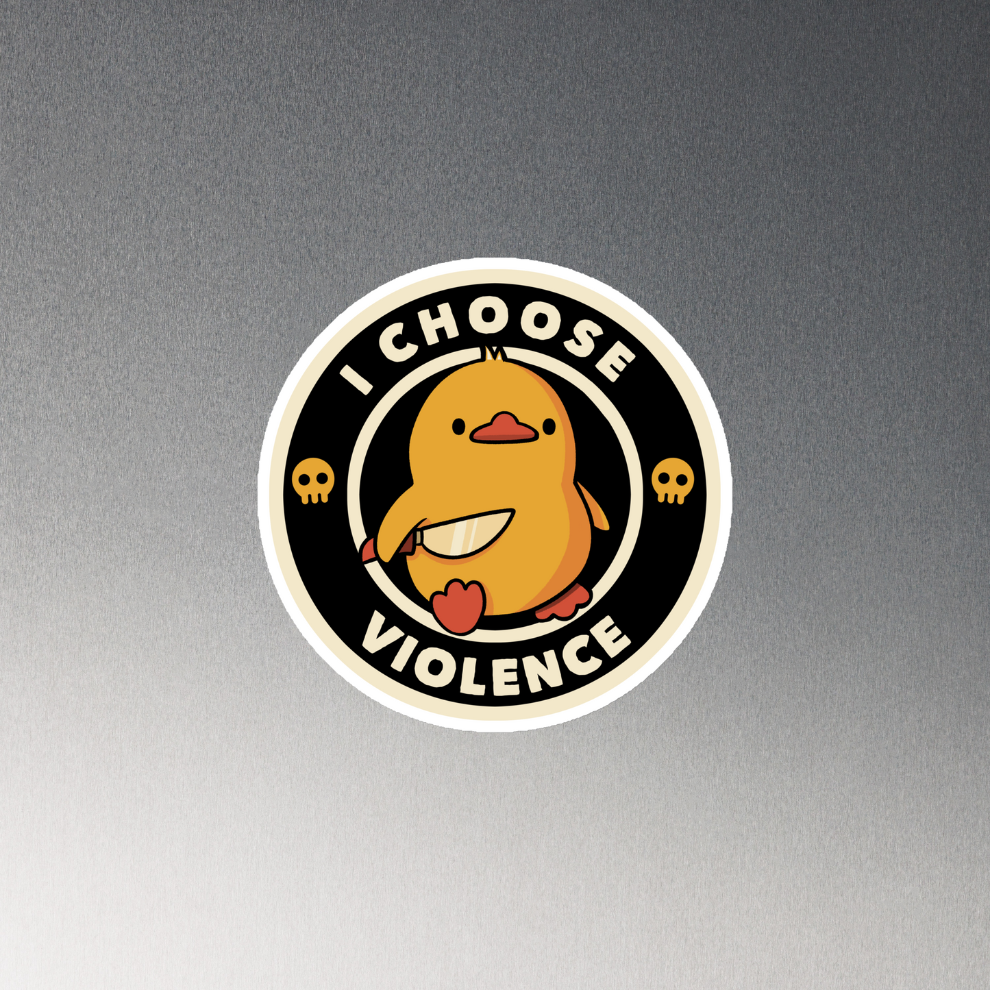 A cute, cartoon-style yellow duckling stands confidently holding a large knife in its wing. The duckling is encircled by text saying 'I CHOOSE VIOLENCE' in bold white letters. Small skull symbols flank the chick on either side, adding a touch of humor and irony to the otherwise adorable drawing.