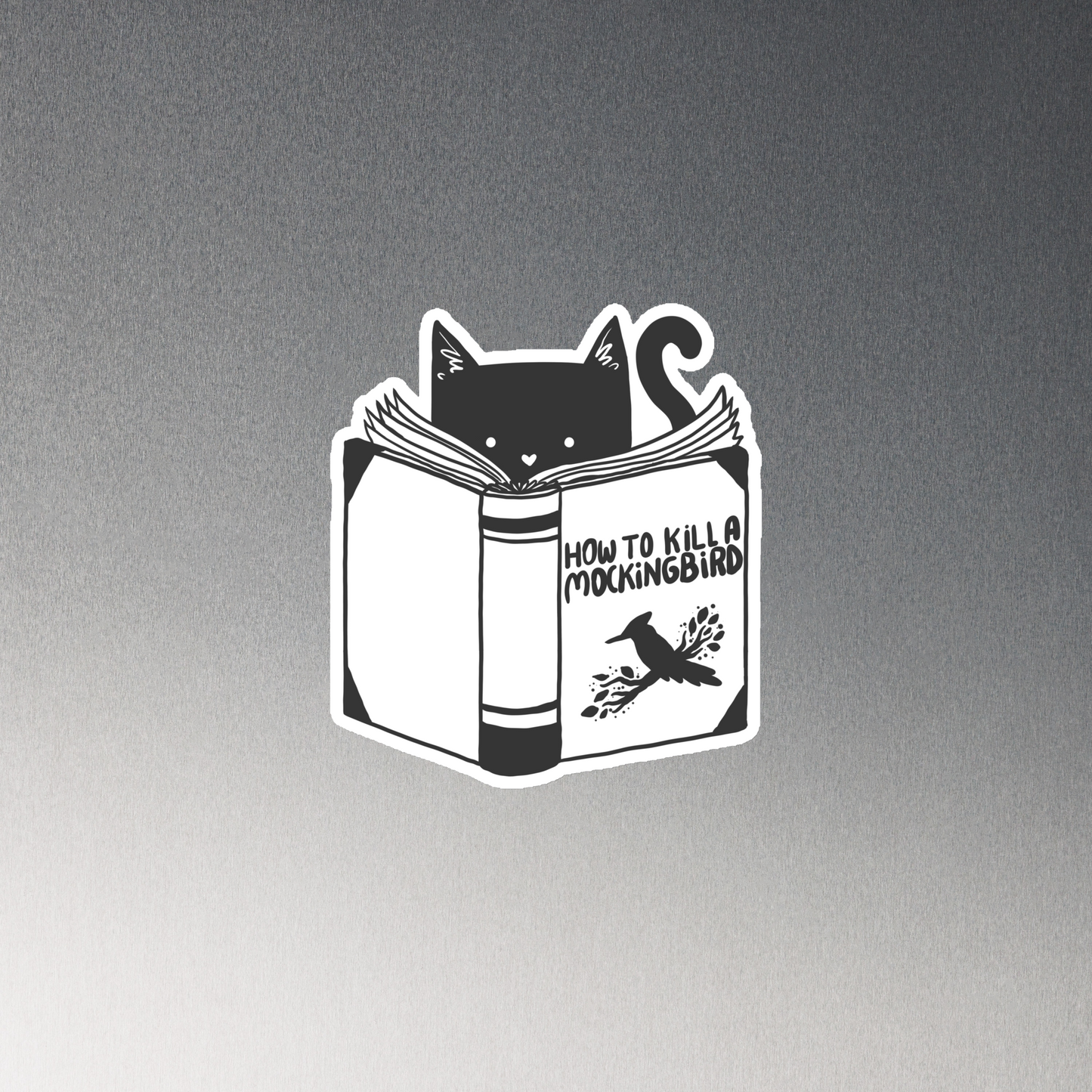 A black and white illustration features a cat peeking over an open book titled 'How to Kill a Mockingbird,' playfully altering the classic novel's title. The cat has a heart-shaped nose and simple, cute facial features. The design is whimsical and ironic, combining classic literature with a humorous twist.