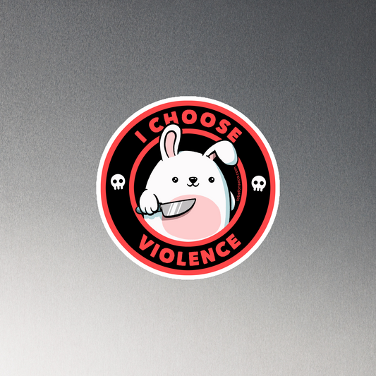 A cute white cartoon bunny with a pink belly stands holding a large kitchen knife in one paw. Surrounding the bunny is a red circular border with the words 'I CHOOSE VIOLENCE'. Small skull icons are on either side of the circle. The overall tone is a mix of adorable and ironic humor.