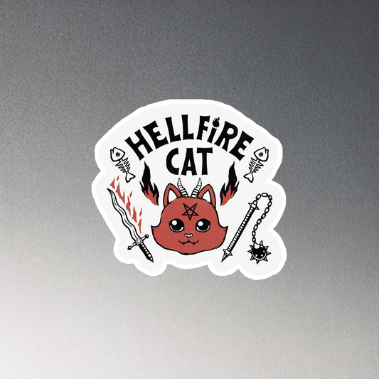 Vintage-style illustration of a cute red devil cat with small horns and a pentagram on its forehead, surrounded by flames, weapons, fish skeletons, and the bold phrase “Hellfire Cat” in a playful gothic design.