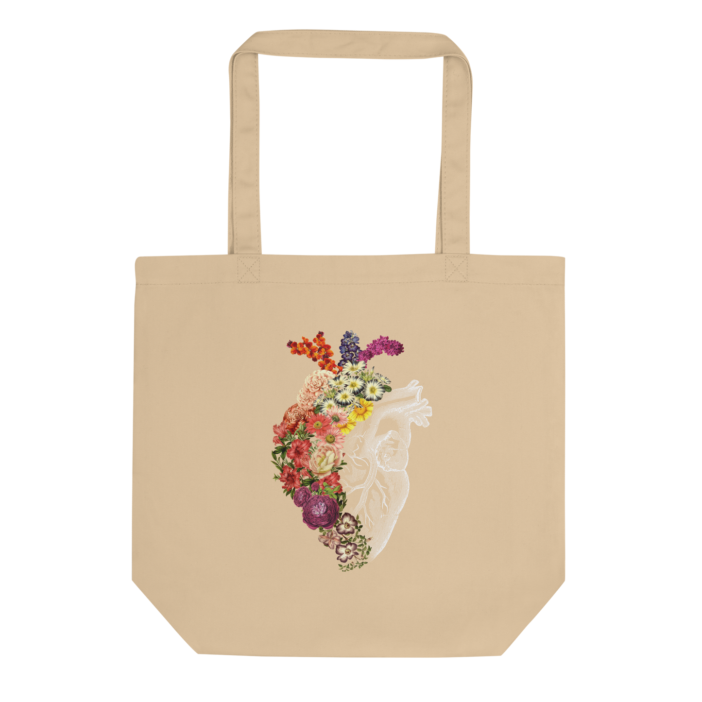 The design is an intricate and anatomical drawing of a human heart on a black background. The left side of the heart morphs into a vibrant assortment of colorful flowers, including roses, daisies, and other blooming blossoms, creating a striking contrast between the realistic and the surreal, symbolizing the harmony between nature and humanity.