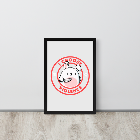 A cute white cartoon bunny with a pink belly stands holding a large kitchen knife in one paw. Surrounding the bunny is a red circular border with the words 'I CHOOSE VIOLENCE'. Small skull icons are on either side of the circle. The overall tone is a mix of adorable and ironic humor.