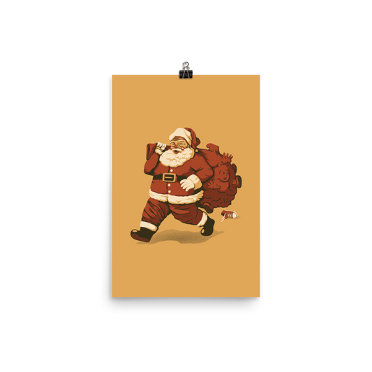 A cute Santa Claus carrying a red bag full of what appear to be gifts, but when you look closer you can see that there are several little boys. A fun art that mixes up the story that the good boys are going to get charcoal from Santa, but this time Santa is taking them.