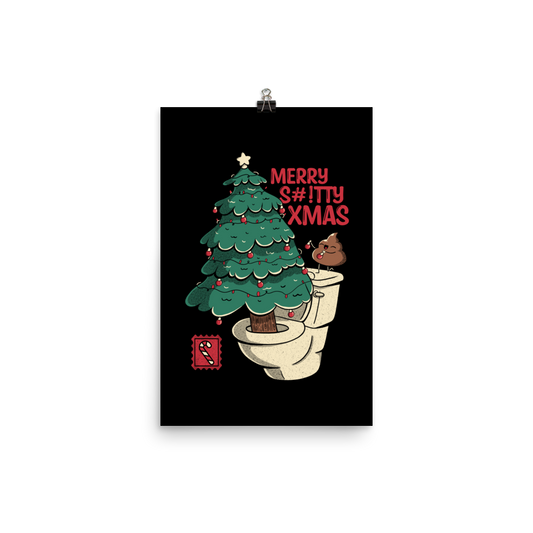 A toilet from which a Christmas tree is being decorated with Christmas decorations by a small poop, next to them the phrase "Merry Shitty Xmas". An art with a lot of humor for the Christmas mood.