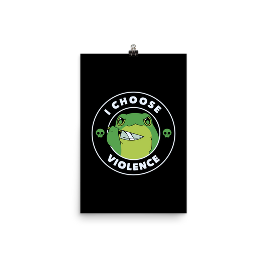 A charming, cartoon-style green frog holds a knife in its hand with a playful yet fierce expression. Encircled by bold text, 'I CHOOSE VIOLENCE,' the design mixes humor with an edge. Two small skulls flank the frog, adding a quirky, rebellious touch to the image. The overall effect balances cuteness and irony in a memorable way.
