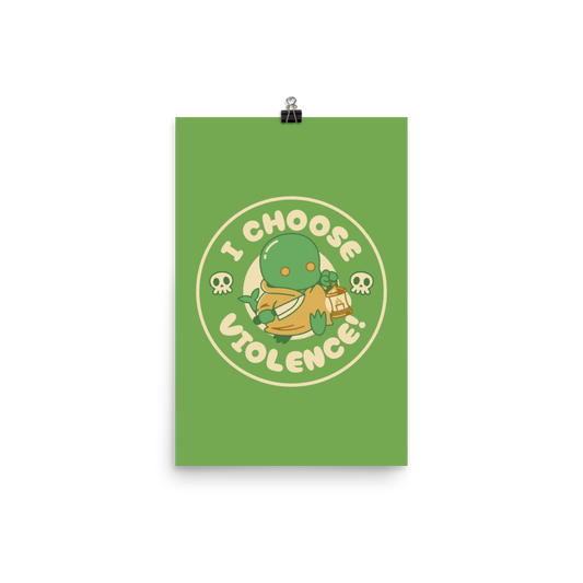 Cute green fantasy creature holding a lantern and a small weapon, surrounded by skull icons and the bold phrase “I Choose Violence!” in a circular badge-style design.