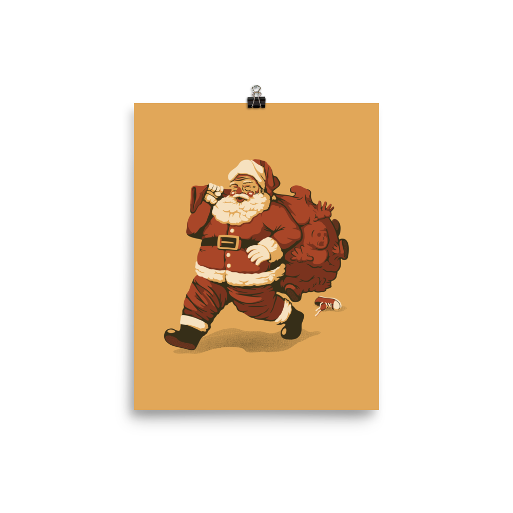 A cute Santa Claus carrying a red bag full of what appear to be gifts, but when you look closer you can see that there are several little boys. A fun art that mixes up the story that the good boys are going to get charcoal from Santa, but this time Santa is taking them.