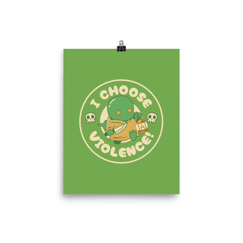 Cute green fantasy creature holding a lantern and a small weapon, surrounded by skull icons and the bold phrase “I Choose Violence!” in a circular badge-style design.