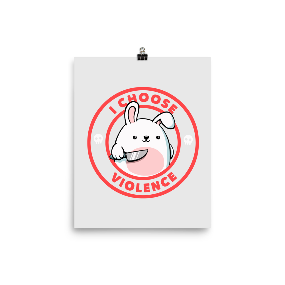 A cute white cartoon bunny with a pink belly stands holding a large kitchen knife in one paw. Surrounding the bunny is a red circular border with the words 'I CHOOSE VIOLENCE'. Small skull icons are on either side of the circle. The overall tone is a mix of adorable and ironic humor.