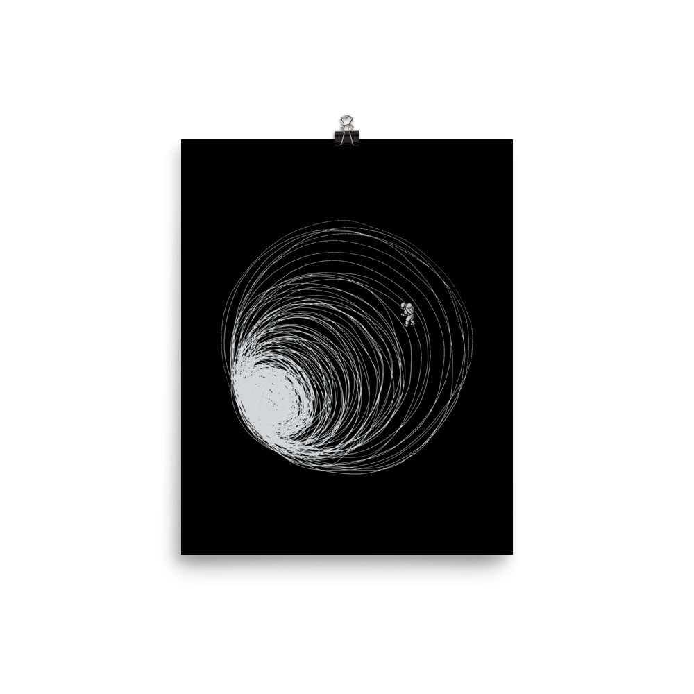 A big black hole with an astronaut floating around as if being sucked into it. A minimalist art perfect for those who love space.