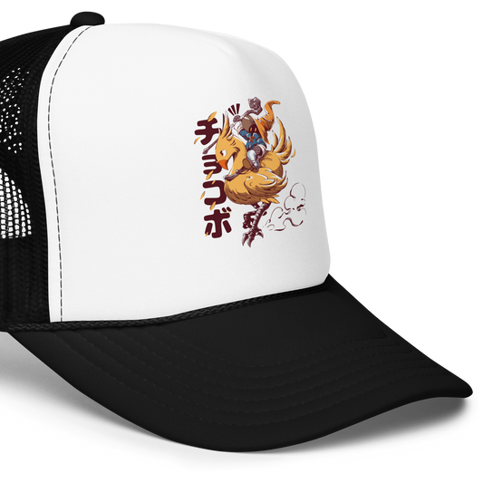 A speedy yellow bird dashes forward with a tiny mage rider gripping tight and ready for action. A fun and nostalgic design full of movement and fantasy charm.