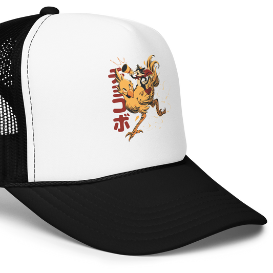 A stylized cartoon illustration of a confident cat wearing a cape and crown while riding a large yellow bird at full speed, with dynamic motion lines and Japanese writing in the background.