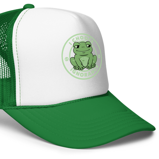 The image shows a cartoonish green frog with a sly smile, sitting with legs splayed out. Around it, the phrase 'I CHOOSE IGNORANCE' is written in bold letters. Two small skull designs are included, one on each side of the frog. The style is playful and ironic, blending elements of humor and rebellion.