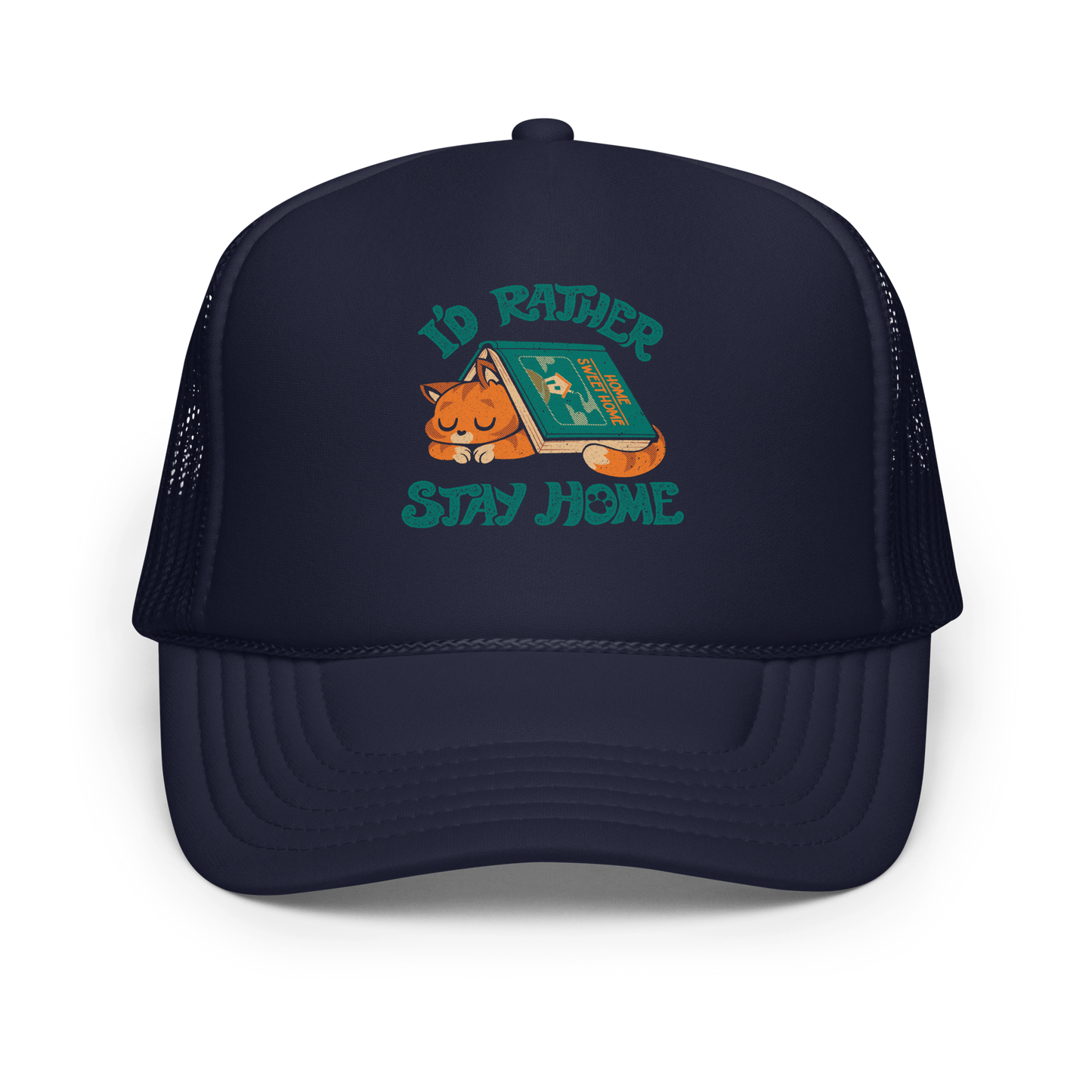 Sleeping orange cat under a book labeled 'Home Sweet Home' with the motto 'I'D RATHER STAY HOME'.