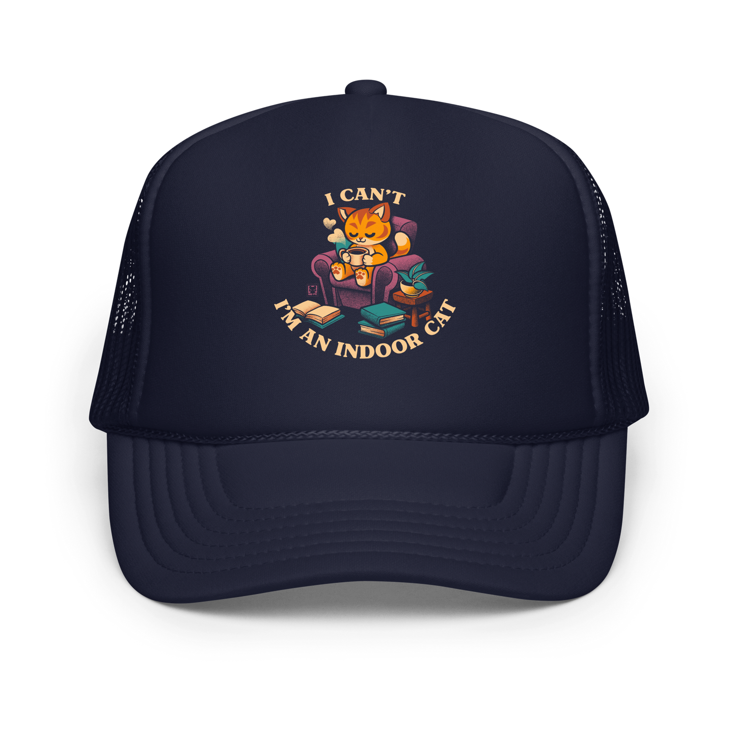 This cozy design features a contented orange cat sipping coffee in a comfy chair, surrounded by books and plants. The following message encircles the design: I CAN'T I'M AN INDOOR CAT.