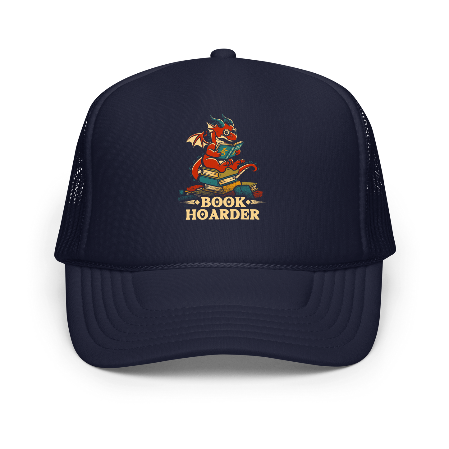 Perched atop his treasure trove of books, this red nerdy dragon is ready to devour epic adventures, magic tales, and fantasy worlds. The words 'BOOK HOARDER' are placed at the bottom of the design.