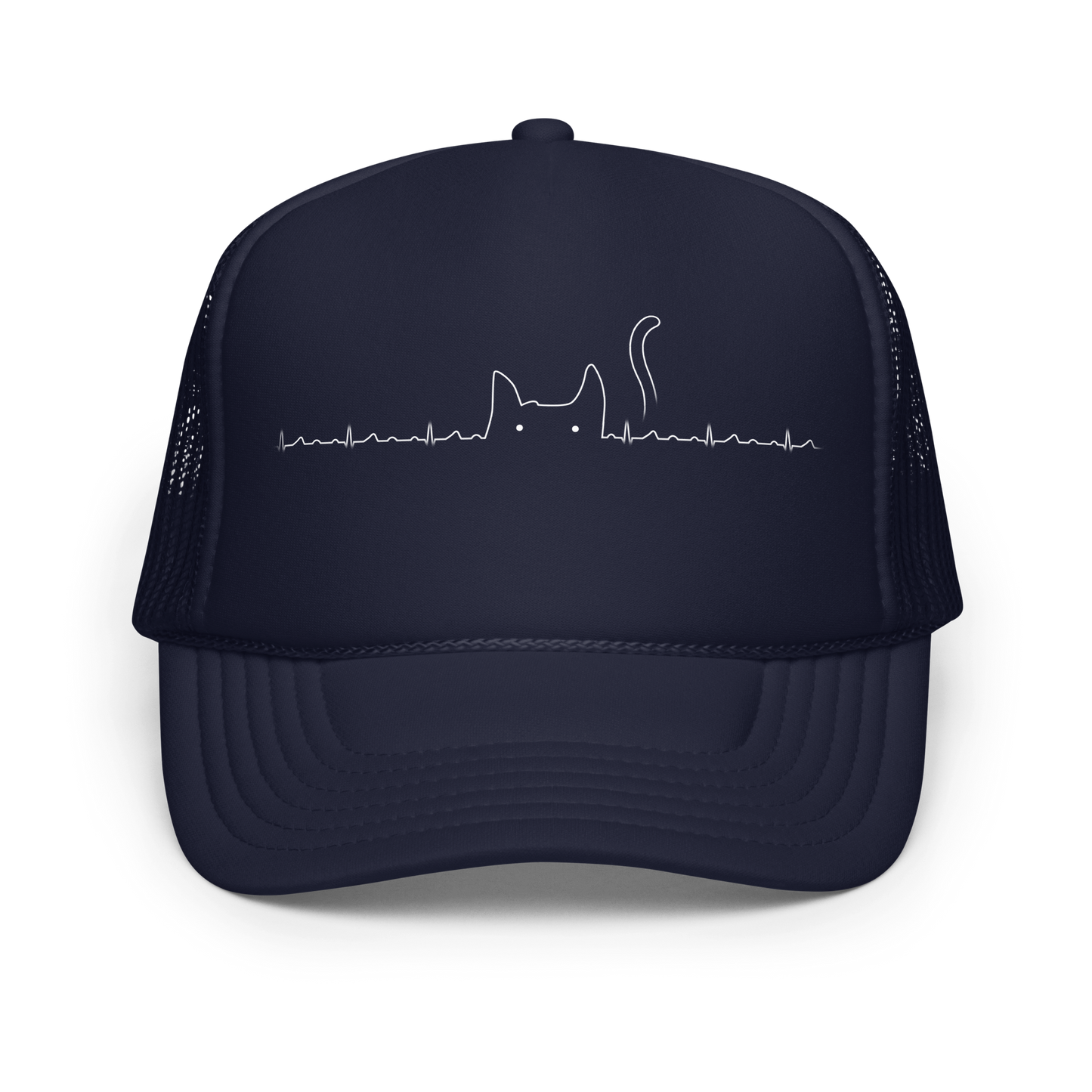 The drawing has a navy background with a continuous white line depicting an electrocardiogram. Midway through, the line morphs into the minimalist outline of a cat's head with pointed ears and a tail, with two small white dots representing its eyes. The drawing creatively combines the elements of a heartbeat line and a simple cat illustration.