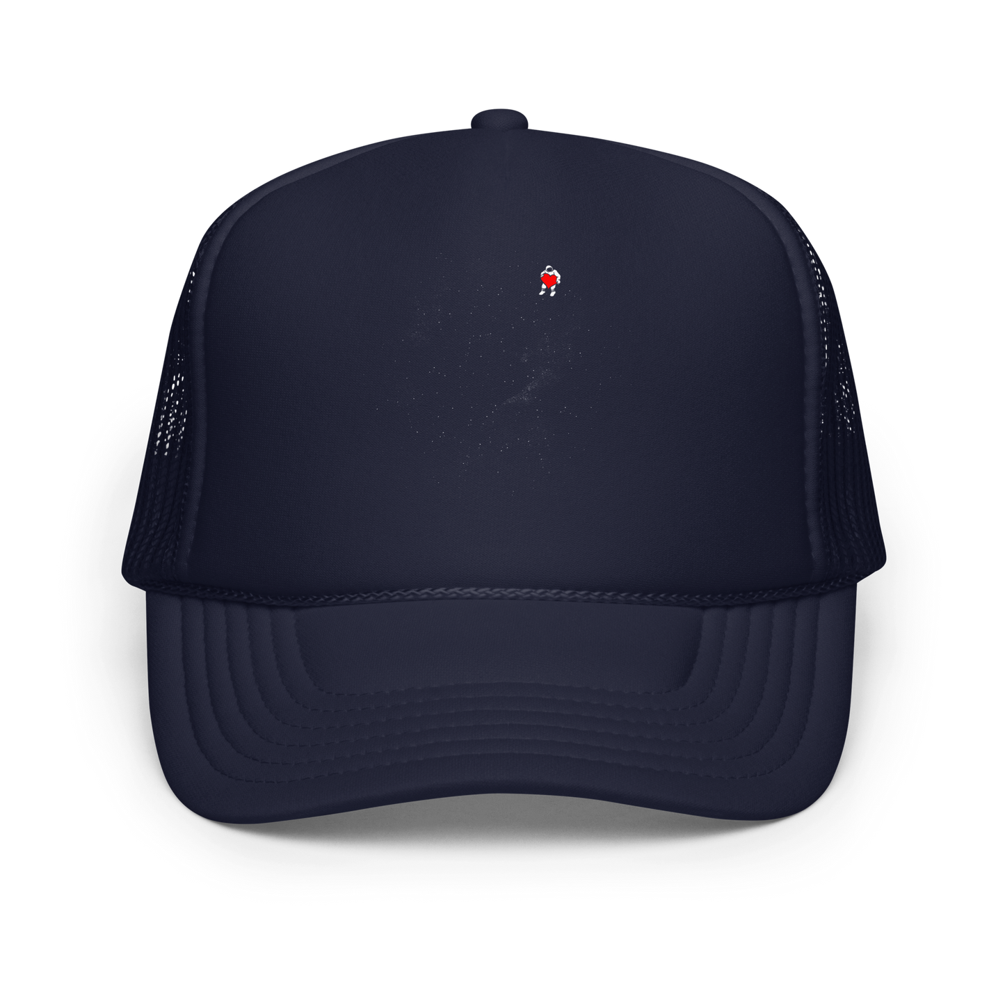 The image depicts a lone astronaut floating in outer space, seemingly sitting on nothing while holding a large, bright red heart. The background is a starry expanse of black, suggesting the vastness and cold emptiness of space. The stark contrast between the dark space and the vibrant heart symbolizes love and loneliness in the cosmos.