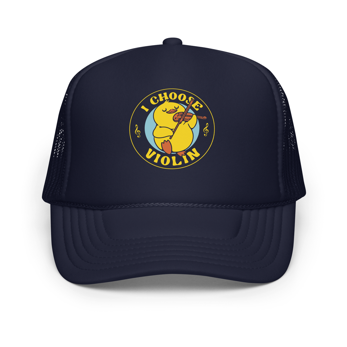 The design features a cute yellow duckling playing a violin with eyes closed in bliss. It is encircled by the phrase 'I Choose Violin' with musical notes on either side. The style is playful and cartoony, giving a warm, humorous vibe.