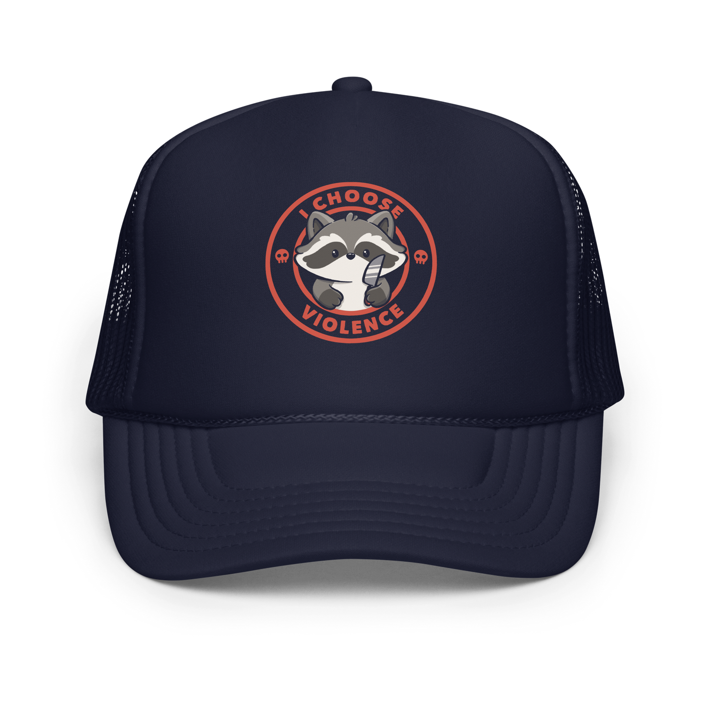 A cute cartoon raccoon character stands with a small knife, surrounded by a red circular border with the text 'I CHOOSE VIOLENCE'. The raccoon looks adorable yet mischievous, with a playful expression. Two small skulls are on either side of the circle, adding humor to the bold statement.