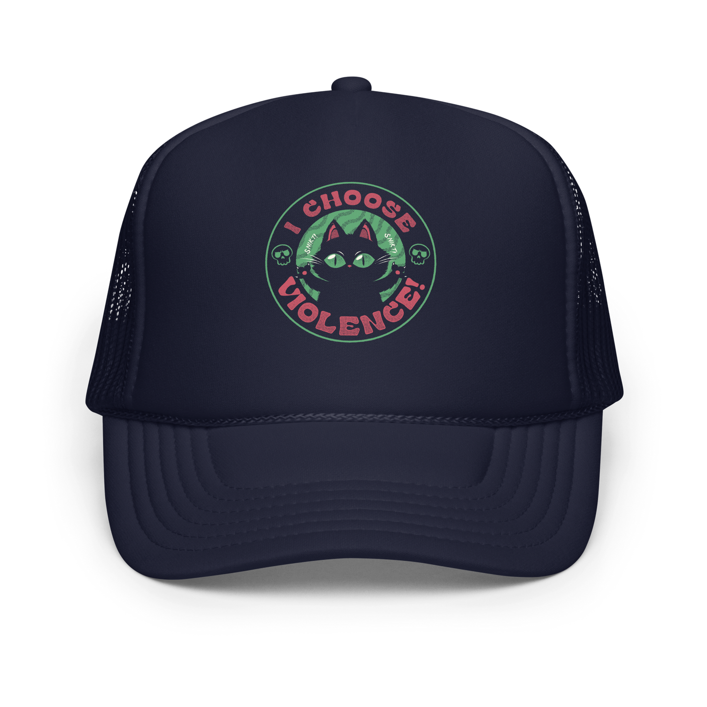 The image features a black cartoon-like cat with large, bright eyes and pointed ears, with a defiant look on its face. The cat is centered within a circular border. Surrounding the cat, the text reads 'I CHOOSE VIOLENCE!' in bold, playful font. There are also small skull illustrations flanking the cat on either side, adding a dark yet humorous tone to the design.