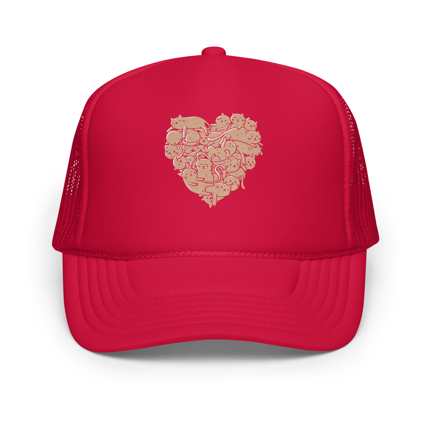 The image showcases an anatomical heart shape filled with numerous small, simple, and cute cartoon-like cat illustrations in a light brown tone. The overall style is whimsical and playful, combining elements of illustration and pop culture art.