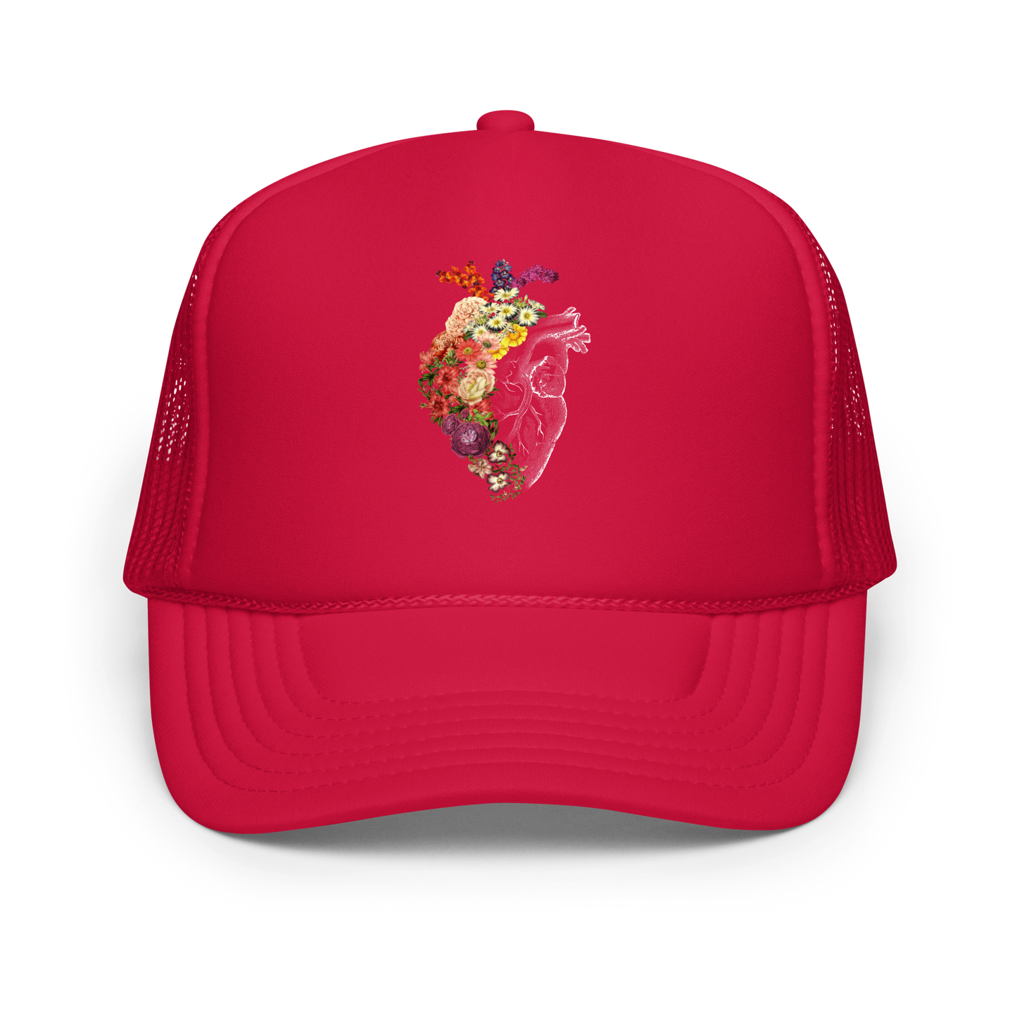 The design is an intricate and anatomical drawing of a human heart on a black background. The left side of the heart morphs into a vibrant assortment of colorful flowers, including roses, daisies, and other blooming blossoms, creating a striking contrast between the realistic and the surreal, symbolizing the harmony between nature and humanity.