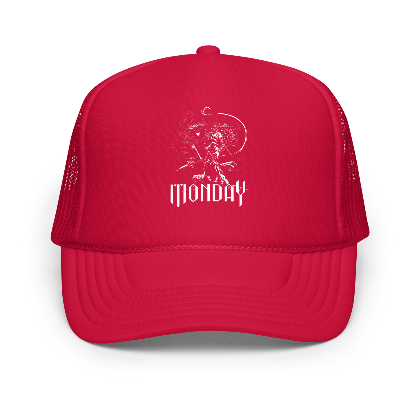 A white fantasy-style illustration showing a wizard standing on a rock, wielding a staff and sword, casting a spell toward a swirling dark, smoky monster with glowing eyes and mouth. The word “MONDAY” appears in large, bold, gothic letters at the bottom, symbolizing the wizard battling the chaos of Monday.