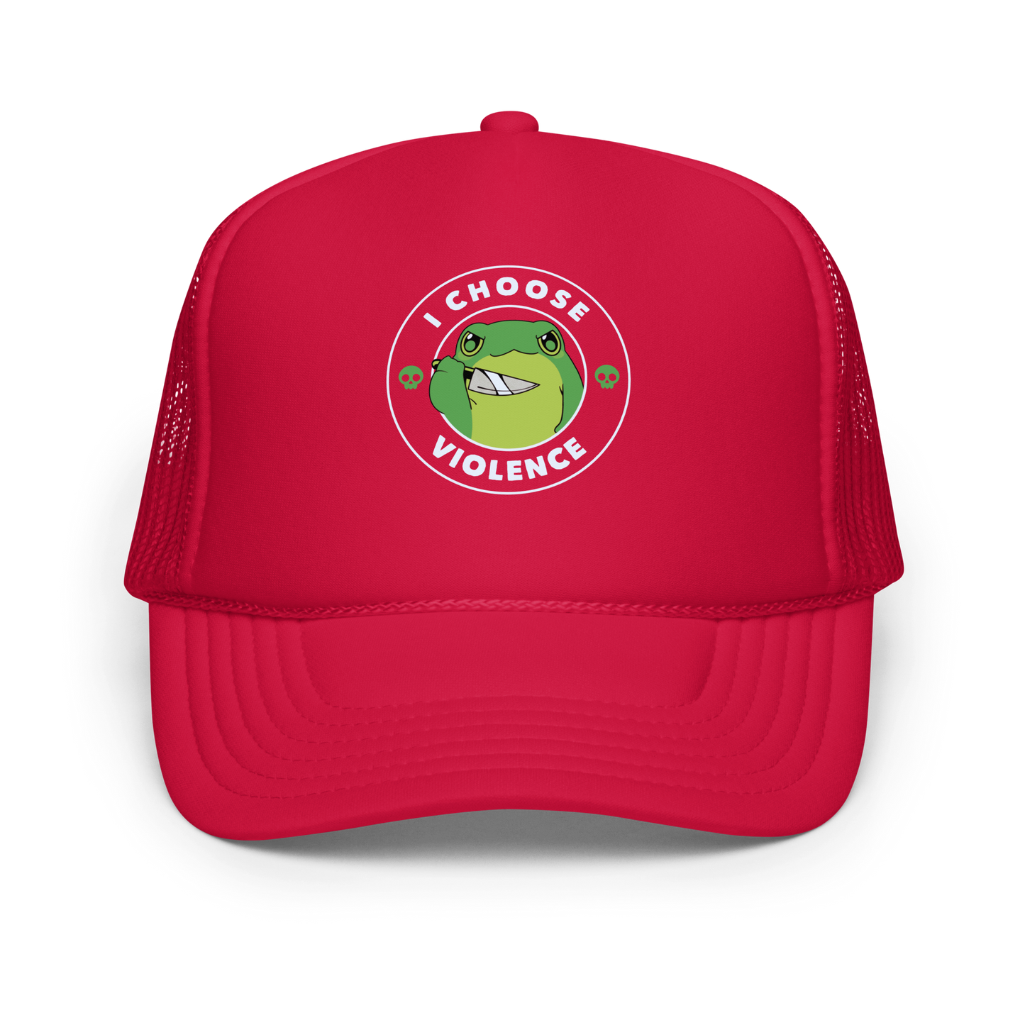 A charming, cartoon-style green frog holds a knife in its hand with a playful yet fierce expression. Encircled by bold text, 'I CHOOSE VIOLENCE,' the design mixes humor with an edge. Two small skulls flank the frog, adding a quirky, rebellious touch to the image. The overall effect balances cuteness and irony in a memorable way.