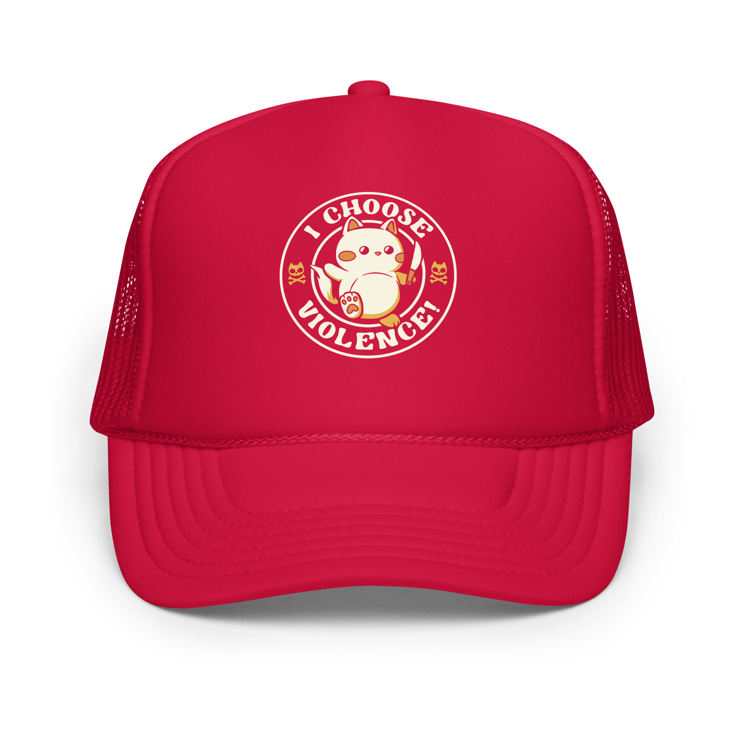 The image features a cute, cartoon-style cat holding a knife in one hand, while standing with an assertive expression. The phrase 'I CHOOSE VIOLENCE!' surrounds the cat in a circular layout. Two small cat skull and crossbones illustrations flank either side of the cat. The design combines elements of cuteness and aggression, creating a humorous and ironic vibe.