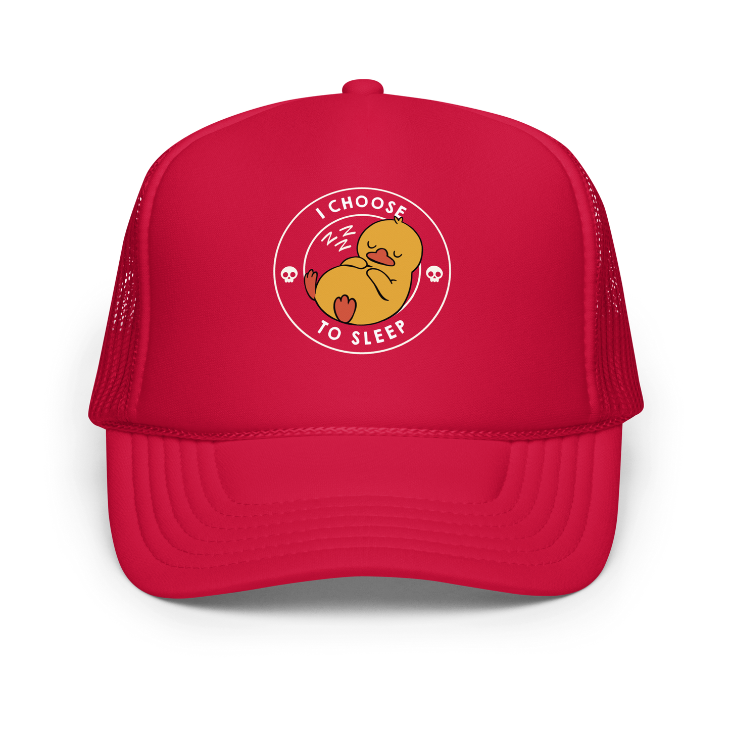 A cute, cartoonish yellow duck is peacefully sleeping with a contented expression. Its webbed feet and wings are tucked in. Around it, the words 'I Choose to Sleep' are inscribed in white letters. Two small skulls accompany this text, adding a humorous, edgy touch. The design is simple, charming, and playful, appealing to fans of ironic, whimsical art.