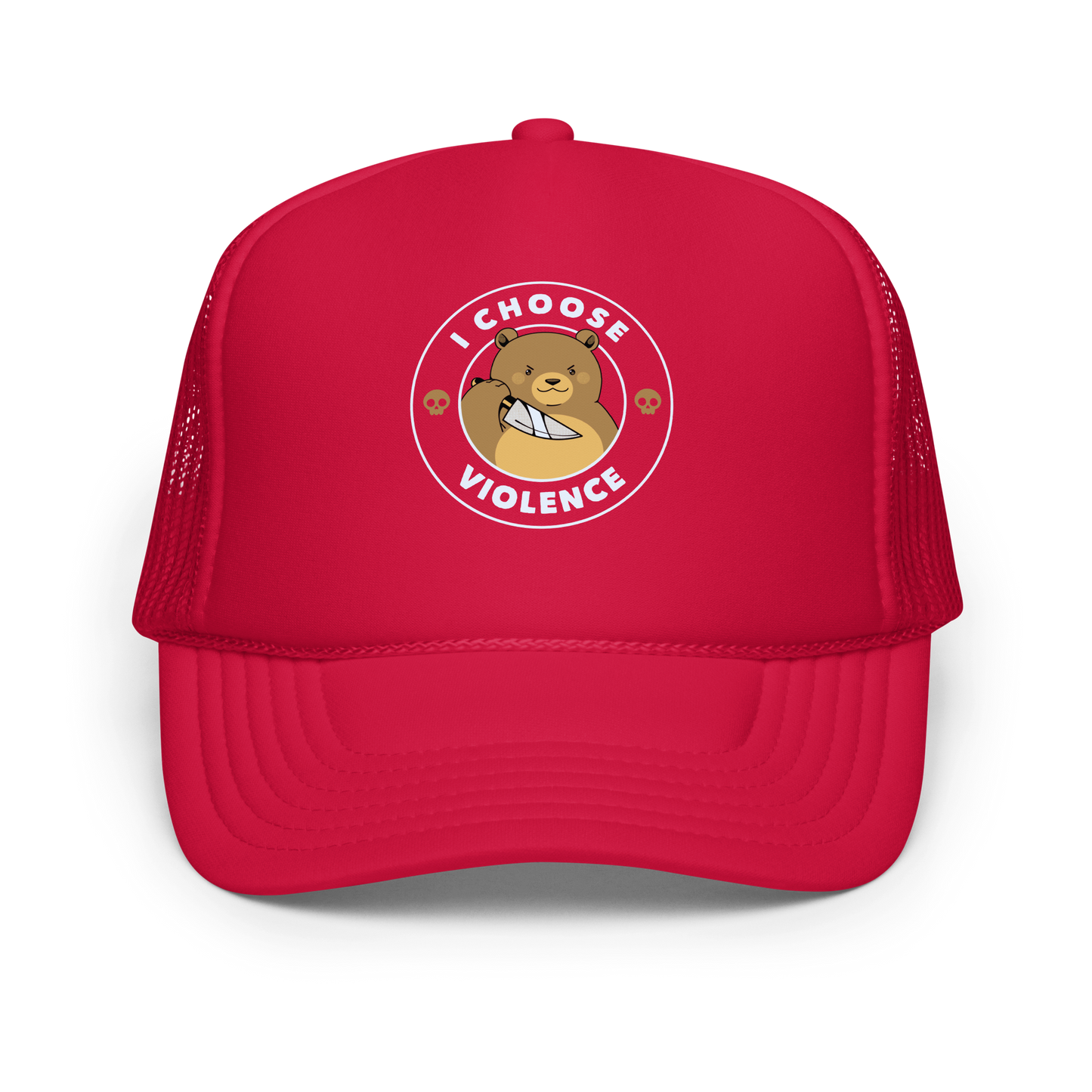 A cartoon-style image features a cute, determined-looking teddy bear holding a knife, with an expression of mischief. The bear is surrounded by the bold text 'I CHOOSE VIOLENCE' and accompanied by small skull icons on either side, adding a humorous and ironic twist to the design.