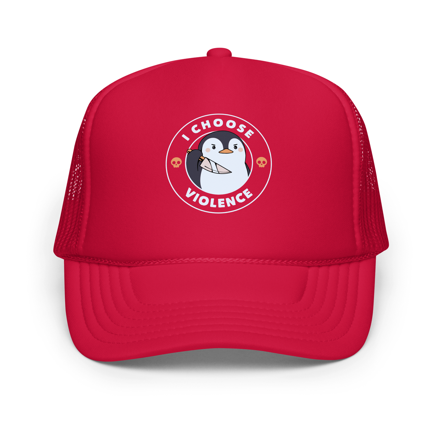 A cartoon-style penguin with a slightly menacing expression holds a large knife. It is surrounded by the words 'I CHOOSE VIOLENCE' in bold uppercase letters. There are two small orange skulls flanking the penguin. The overall design is circular and features contrasting colors for a dramatic effect.