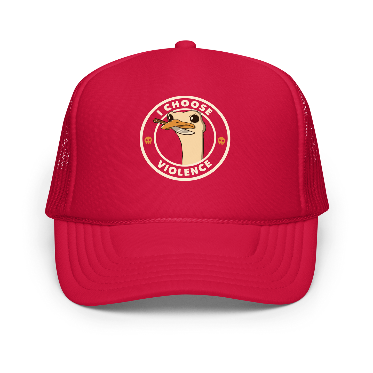 A cartoonish emu with large, expressive eyes holds a knife in its beak, suggesting a humorous and ironic menacing look. The image is framed by two circles, with the text 'I CHOOSE VIOLENCE' around the inner circle. Two small skull icons are placed on either side below the text.