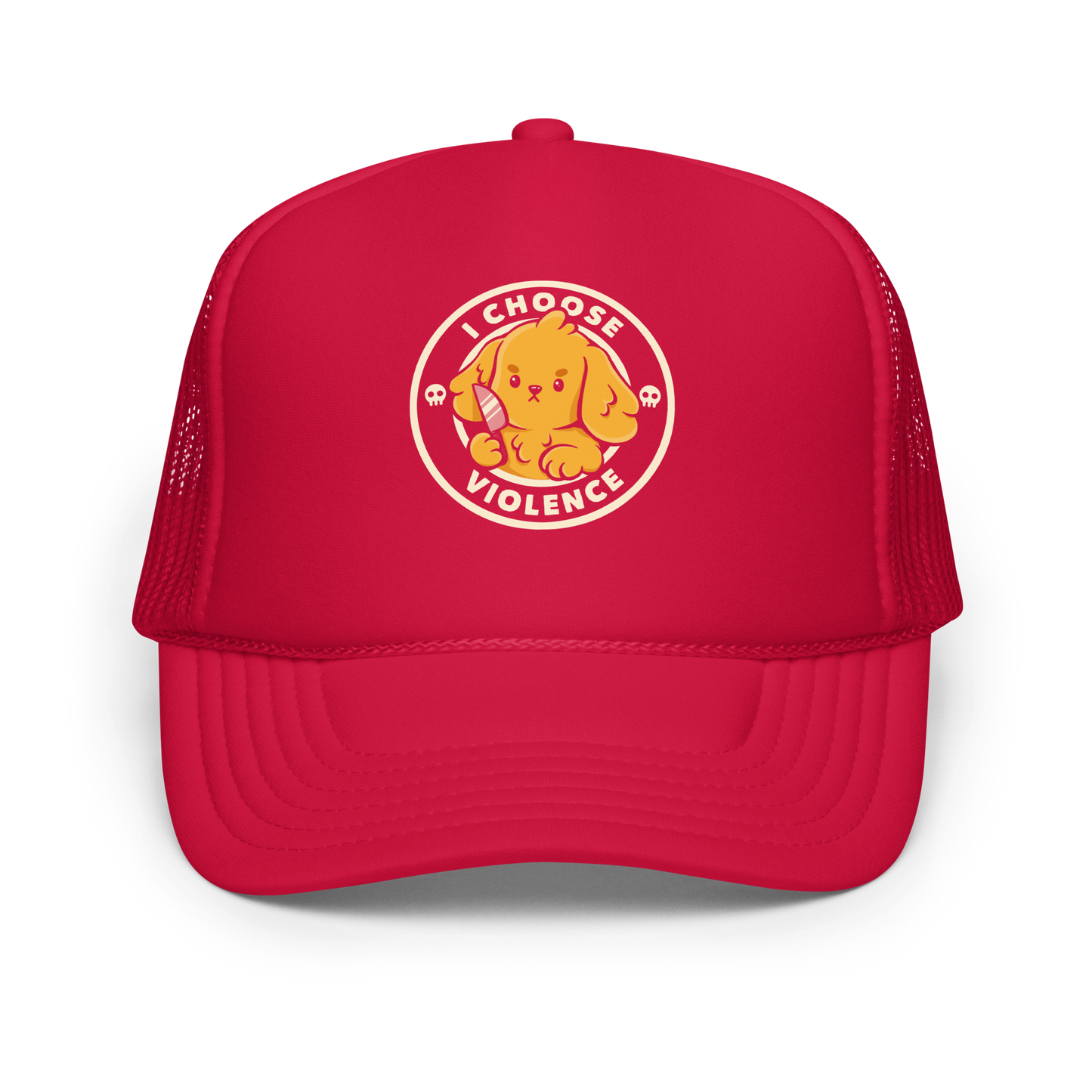 A cute yellow cartoon dog holds a small knife, surrounded by a circular logo that reads 'I Choose Violence'. The dog's expression is serious, yet the overall style is playful and cute. Two small skull icons are on either side, adding an ironic tone to the cheerful design.