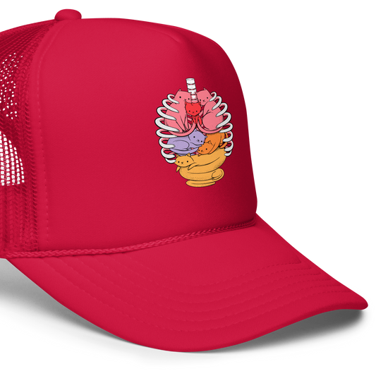 The image features a unique and colorful illustration of six whimsical cats nestled within and around a human ribcage. Each cat is a different bright color, ranging from pink and purple to orange and yellow, creating a visually appealing and vibrant composition. The use of contrasting colors and playful subject matter gives it a charming and eye-catching style.