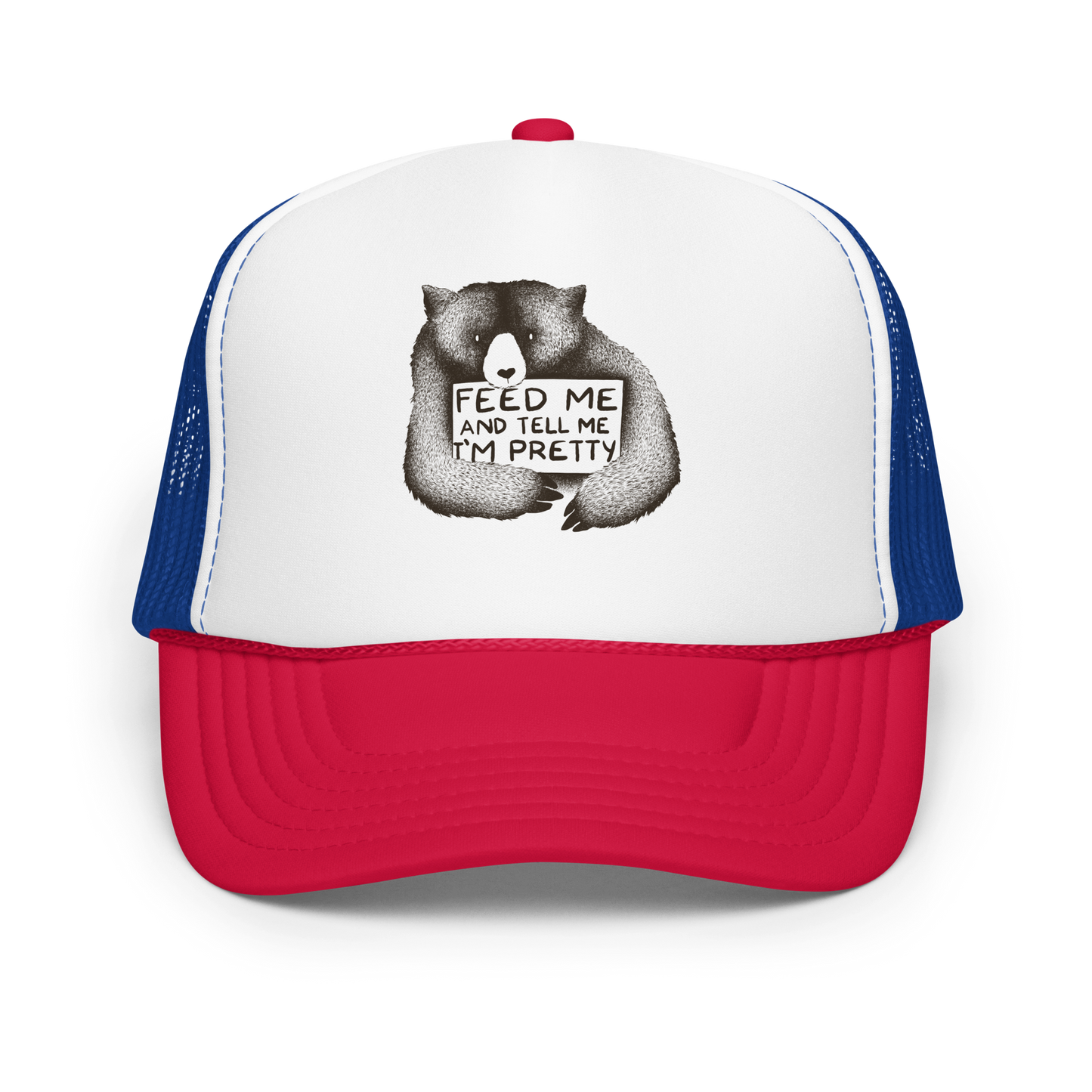 This drawing is of a cute, cartoon-style bear holding a sign with a heart-shaped nose and simple, expressive eyes. The sign reads, 'Feed me and tell me I'm pretty' in a handwritten, playful font. The bear's fur is detailed with fine, textured lines, giving it a cozy, endearing look. The drawing has a monochrome, black-and-white color scheme