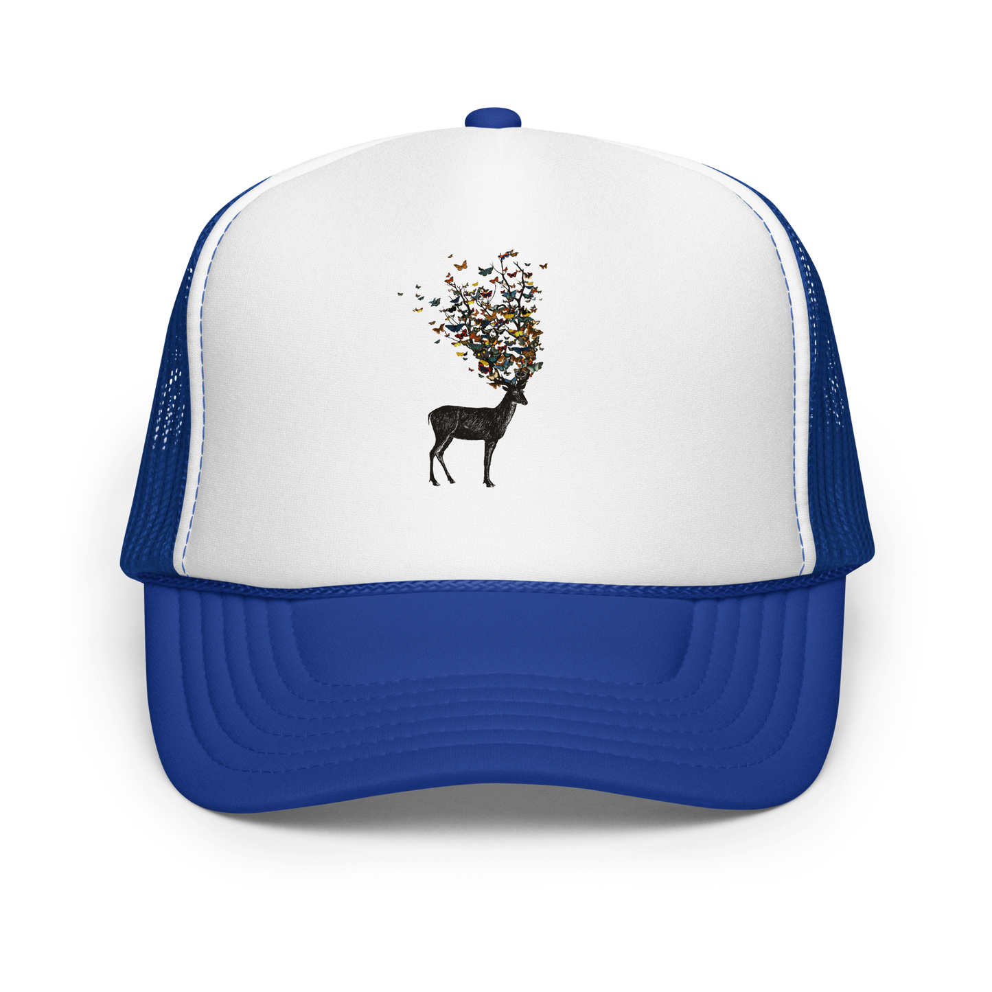 The image depicts a dark, silhouetted deer standing on a neutral background. Instead of branches, its antlers transform into a swirling cloud of vibrant, colorful butterflies that extend upwards and outward. The mix of organic and ethereal elements creates a captivating and whimsical visual contrast.